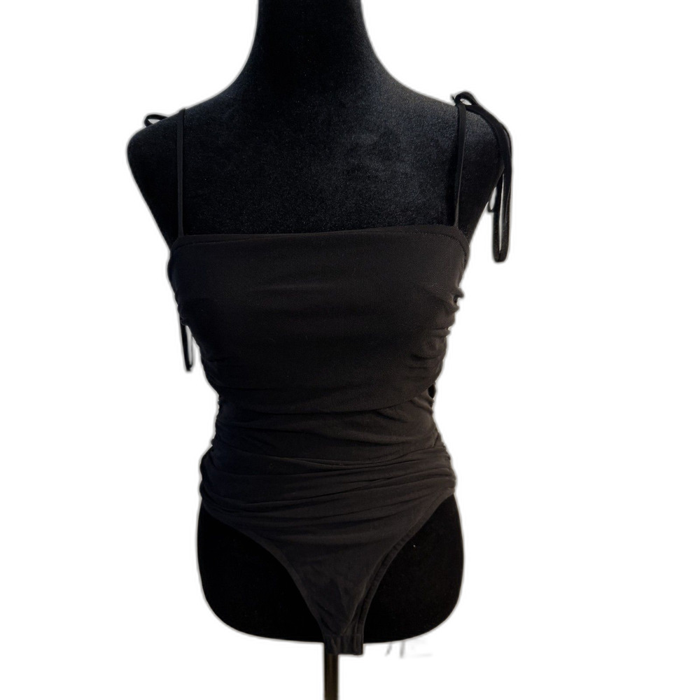 Forever 21 Black Ruched Bodysuit — Tie Straps, Thong Back, Fitted